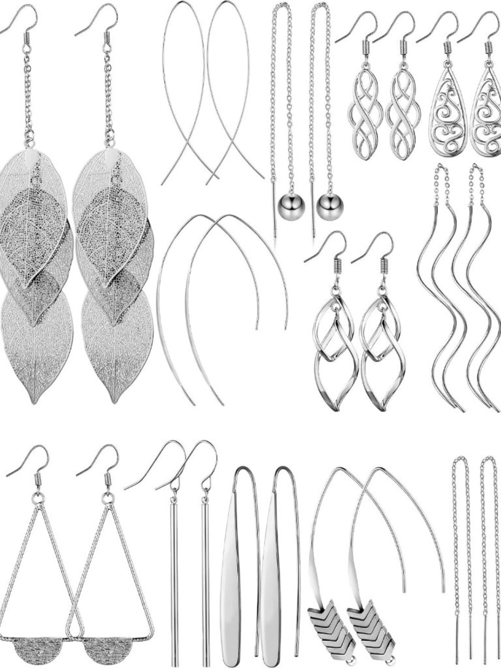 13 Pairs Curved Metal Drop Dangle Earrings Set - Threader, Wave, Arrow & Leaf